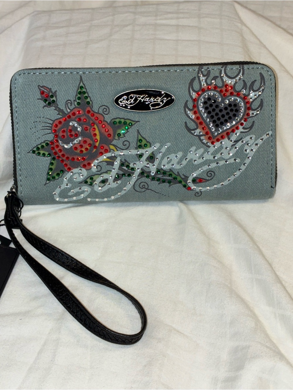 Ed Hardy Gray Wristlet Clutch with Red Rose & Heart Studs